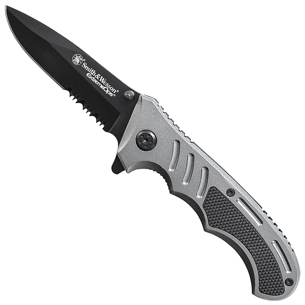 wesson smith lock liner knife pocket folding blade serrated edge handle half camouflage aluminum metal brand